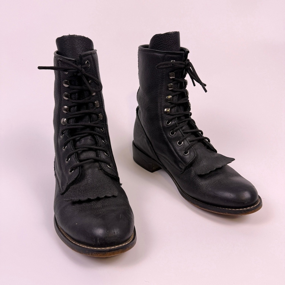 VTG Durango Lace Up Boots Womens 9M Black Leather Kiltie Western RD3870